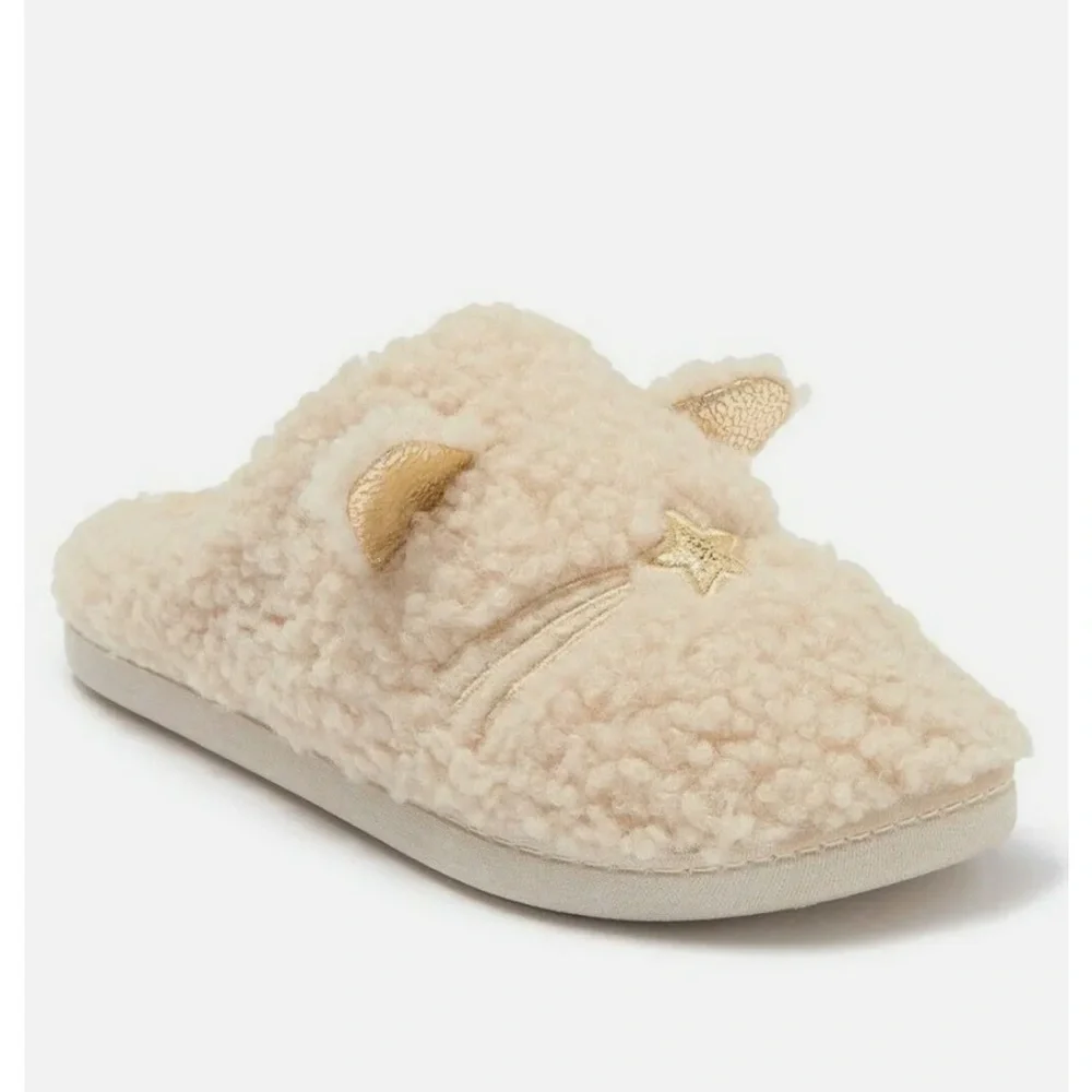 Women's Kensie Faux Shearling Cat Slipper Ivory--Gold  Size: 10-11 New